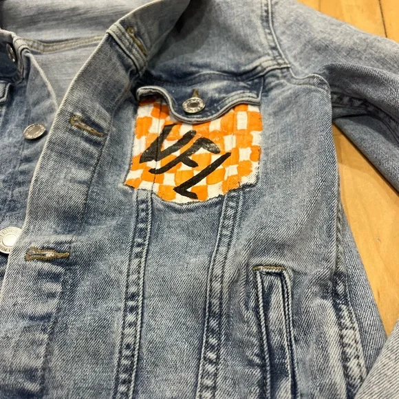 🧡Kids Denim Hand-painted TN Vols Jacket with Orange and White Checkerboard - Picture 4 of 10